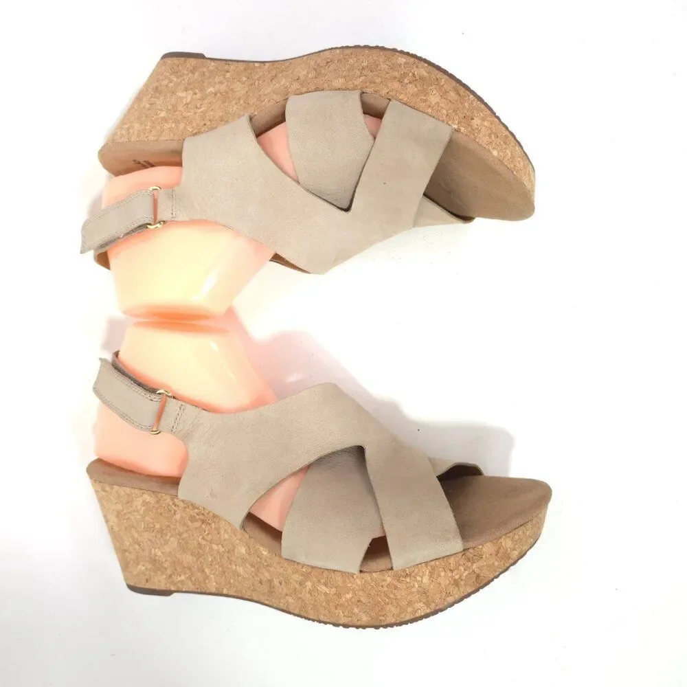 Clarks Annadel Eirwyn Sand Nubuck Cork Wedge Sandals Slingback Size 12